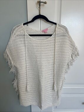 Lilly Pulitzer Cream Crocheted Fringe Poncho Sweater
